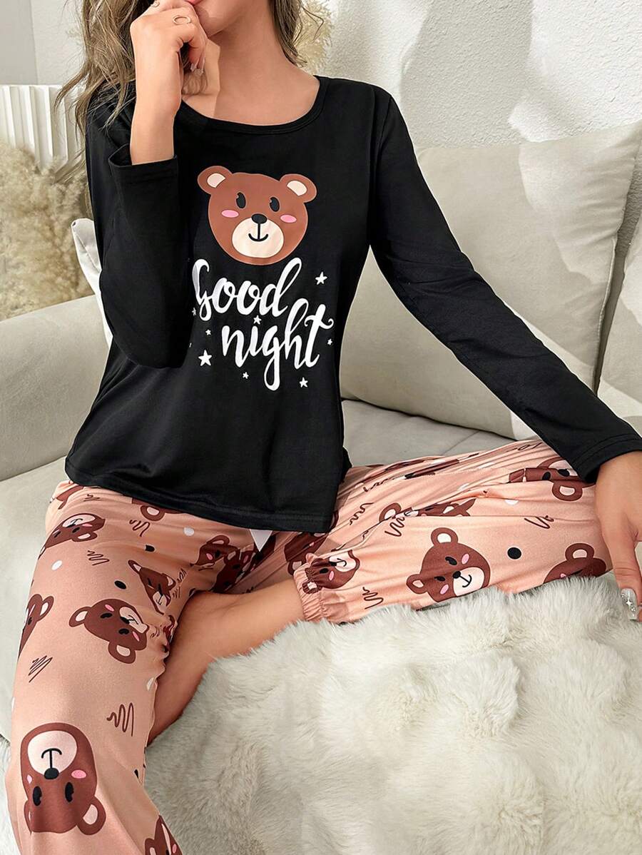 Bear & Letter Graphic PJ Set / Pajama Set - Black - View 1