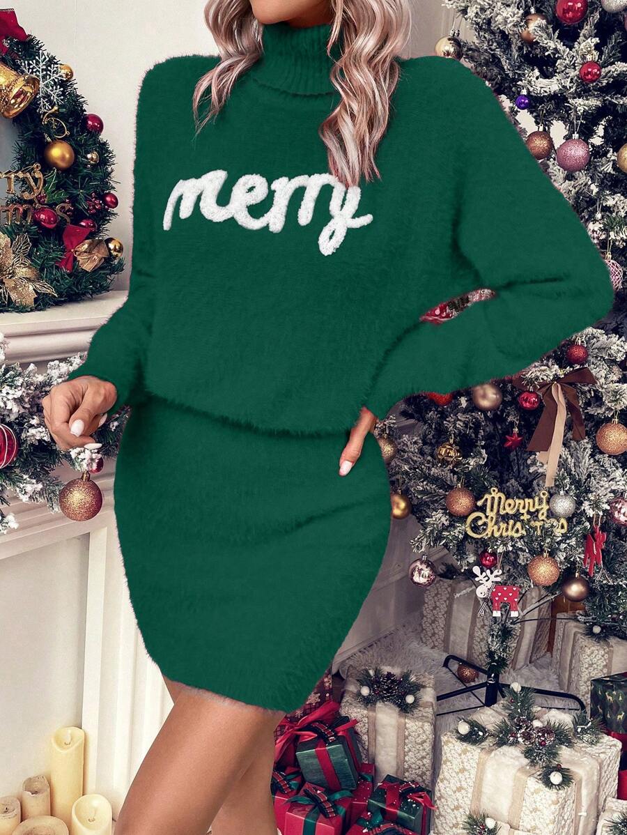 SHEIN Clasi Đồ họa Chữ cái Áo cao cổ Thả vai Đầm Áo len - Màu xanh lá cây đậm - Xem 1