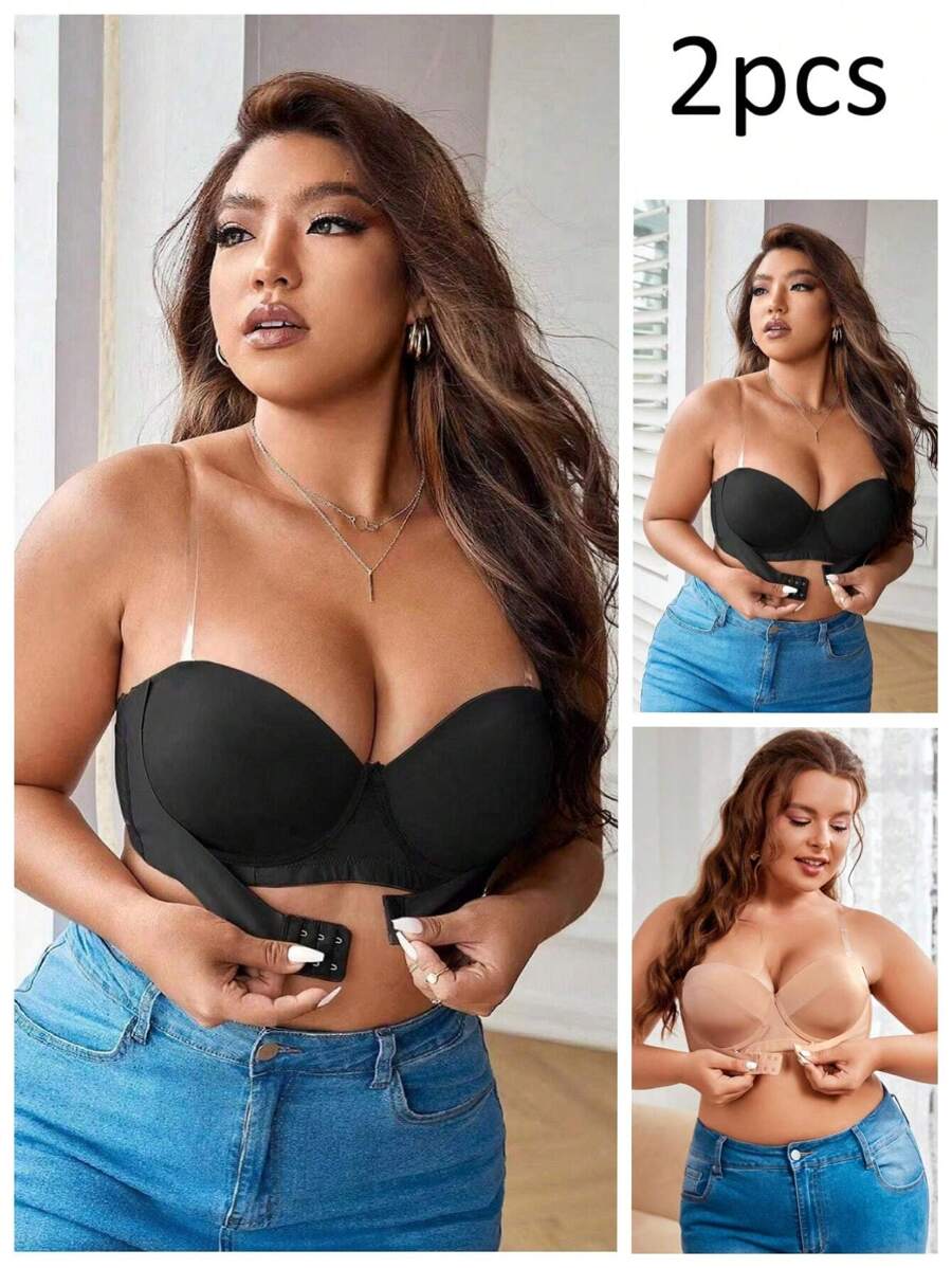 Plus 2pcs Underwire Push Up Bra With 1pair Transparent Shoulder Strap - Multicolor - View 1