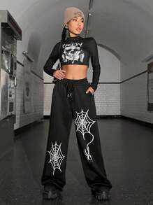 Muchica 蜘蛛網印花腰部抽繩長褲 - 黑色 - 查看 1