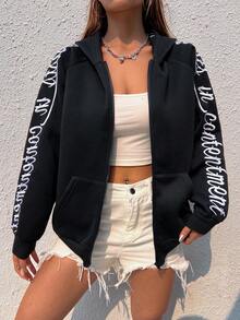 SHEIN Unity 字母刺繡插肩袖拉鏈連帽衫 - 黑色 - 查看 5