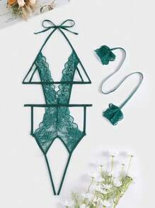 Exotic-Bondage Lace Crotchless Teddy Bodysuit & 1pair Hand Ring, Lingerie - Dark Green - View 1