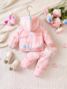 女嬰紮染卡通圖案保暖連帽夾克和褲子 - 粉色 - 查看 2