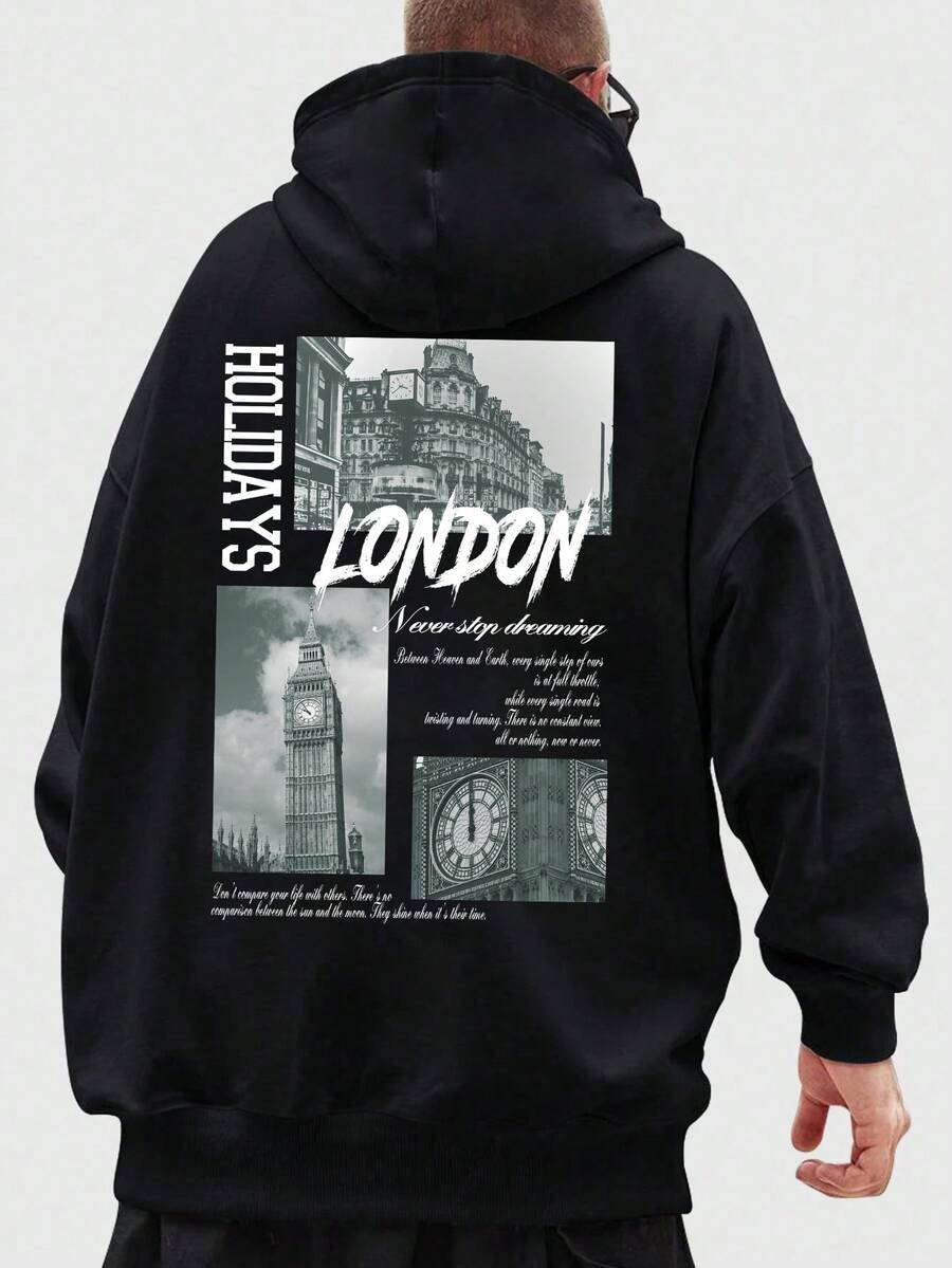 Hombres Capucha con estampado de slogan con cordón - Negro - Ver 1