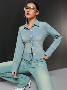 SHEIN ICON Button Front Denim Shirt - Medium Wash - View 1