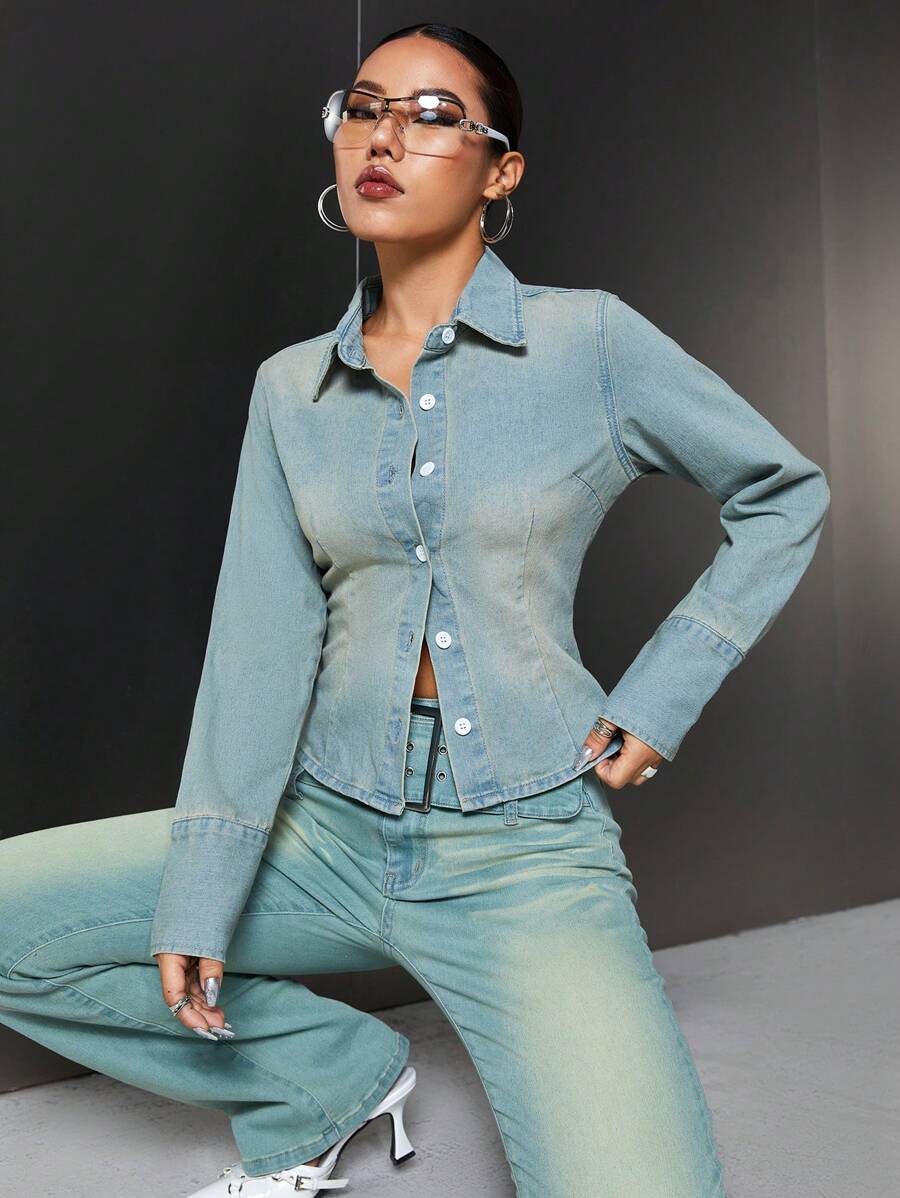 SHEIN ICON Button Front Denim Shirt - Medium Wash - View 1