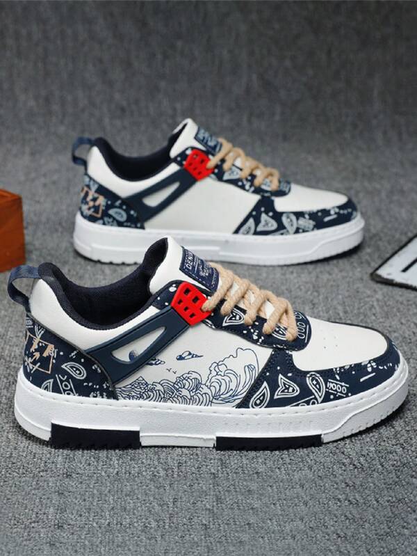Men Letter Patch Decor Graphic Lace Up Front Sneakers, Sporty Outdoor Mesh Skate Shoes