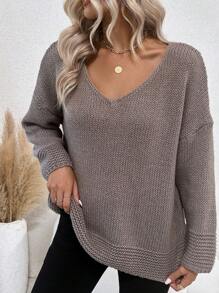 SHEIN Clasi 素色落肩袖V領套頭毛衣 - 摩卡棕 - 查看 6