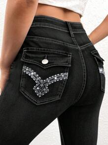 SHEIN EZwear Rhinestone and Embroidery Detail Flare Leg Jeans - Black - View 3