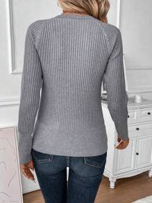 SHEIN Clasi Chi tiết Nút Tay Raglan Áo len - Xám - Xem 2
