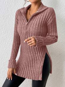 SHEIN Frenchy Suéter de punto acanalado con cremallera media, bajo dividido y hombros caídos para otoño/invierno - Rosa - Ver 6