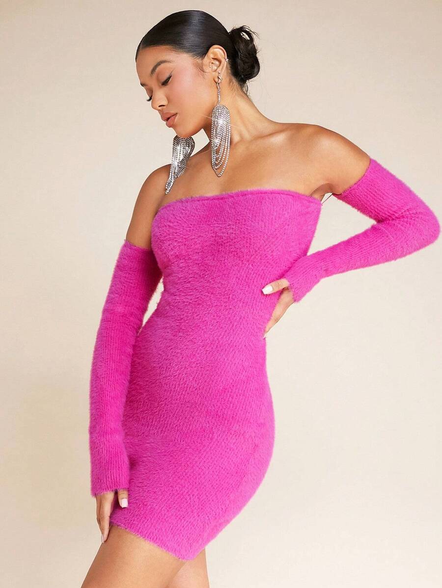 SHEIN BAE Off Shoulder Bodycon Sweater Dress - Hot Pink - View 1
