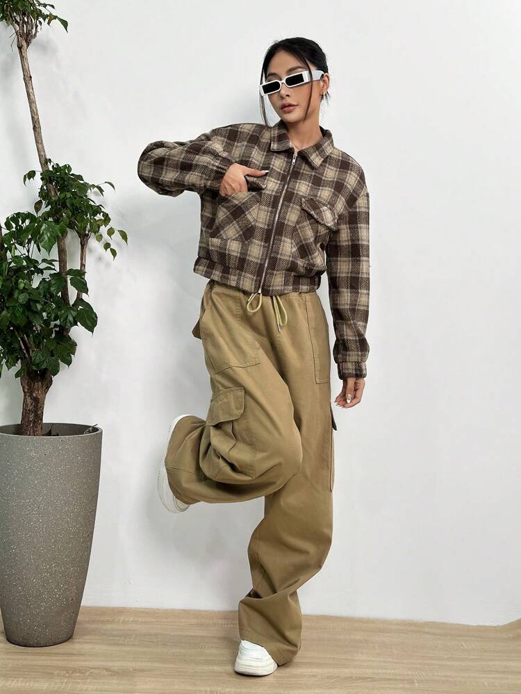 Plaid Print Drop Shoulder Flap Pocket Jacket Fall Cloth For Women