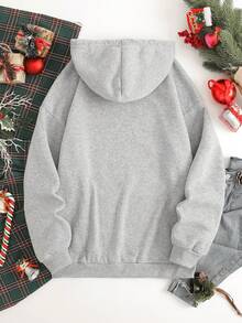 SHEIN EZwear 字母&禮品印花袋鼠口袋抽繩加絨內裏連帽衫 - 淺灰色 - 查看 2