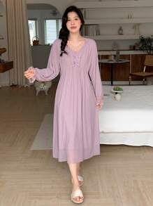 DAZY 女士鬆身睡裙,蕾絲拼接,前蝴蝶結裝飾 - 紫色 - 查看 3