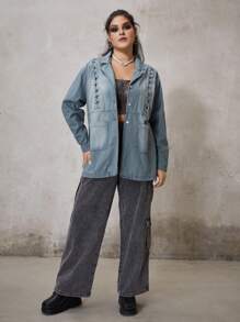 ROMWE PUNK Hơn Thùa khuyết Lace lên phía trước Áo khoác denim - Màu xanh lam - Xem 3