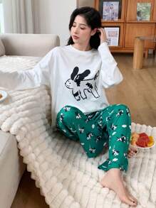 DAZY Cartoon Graphic Drop Shoulder Tee & Pants Lounge Set - White - View 5