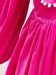 SHEIN Baby Girl Statement Collar Lantern Sleeve Velvet Dress - Hot Pink - View 10