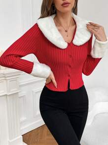 SHEIN Privé 羊絨領口條紋針織前紐扣開襟衫 - 紅白色 - 查看 6