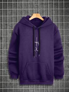 Manfinity Homme 男士字母圖案袋鼠口袋抽繩連帽衫 - 紫色 - 查看 3