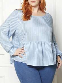 SHEIN CURVE+ Plus Striped Print Ruffle Hem Blouse - Blue - View 5