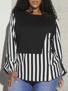 SHEIN CURVE+ 大碼條紋印花燈籠袖假兩件上衣 - 黑與白 - 查看 1