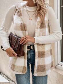 SHEIN LUNE Plus Buffalo Plaid Pattern Hooded Teddy Vest Coat - Multicolor - View 3