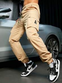 Men Street Flap Pocket Side Letter Graphic Drawstring Waist Cargo Pants - Khaki - View 4