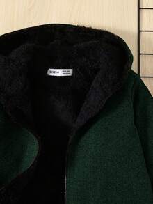 SHEIN 男小童雙口袋毛絨內襯連帽花呢外套