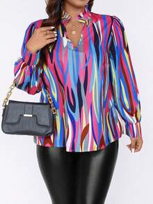 SHEIN LUNE Plus Allover Print Notched Neckline Lantern Sleeve Blouse - Multicolor - View 3