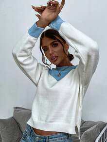 SHEIN Unity Two Tone Drop Shoulder Sweater - White - View 6
