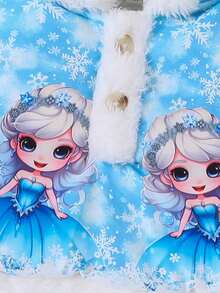 女嬰人像圖案毛絨內襯連帽斗篷外套