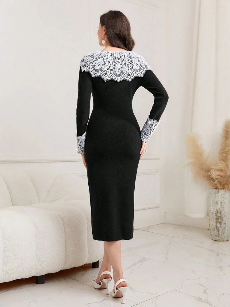 Contrast Lace Scallop Trim Bodycon Sweater Dress Without Belt Fall Cloth For Women