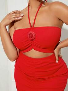 SHEIN SXY Hơn Cắt ra phía trước Xù Halter Neck Không lưng Đầm - Đỏ - Xem 4