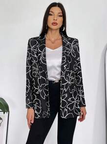 SHEIN Privé Floral Print Shawl Collar Open Front Blazer - Black - View 1