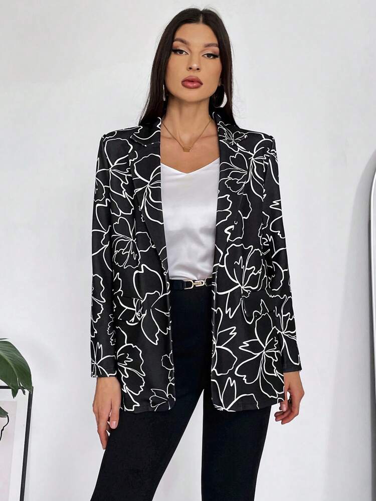 Floral Print Shawl Collar Open Front Blazer