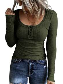 Half Button Scoop Neck Tee - Army Green - View 1
