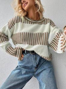 EURMUSE Jersey con patrón de rayas de hombros caídos - Camel - Ver 5