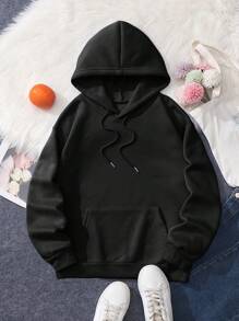 SHEIN EZwear 加大码花卉字母图案抽绳保暖内衬卫衣 - 黑色 - 查看 2