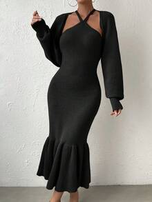 SHEIN Privé Halter Neck Mermaid Hem Sweater Dress & Drop Shoulder Cardigan - Black - View 4