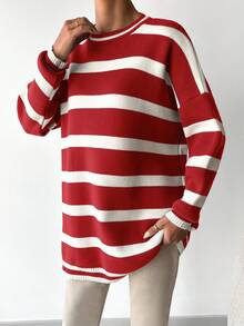 SHEIN Cottnline Striped Pattern Drop Shoulder Sweater - Red - View 5