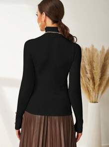 NOVVYNE High Neck Button Detail Ribbed Knit Sweater,Long Sleeve Tops - Black - View 2