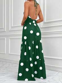SHEIN Privé 波點圖案荷葉邊繞頸露背荷葉邊洋裝 - 墨綠色 - 查看 2