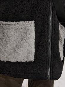 SHEIN Young Boy Two Tone Dual Pocket Drop Shoulder Teddy Coat - Black - View 3