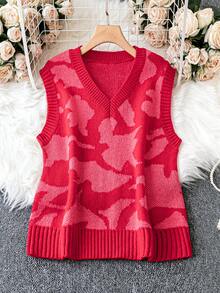 Calvaya 大碼圖形圖案毛衣背心 - 紅色 - 查看 5