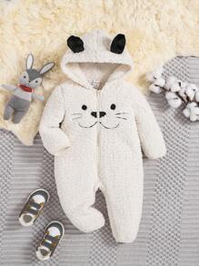 SHEIN Đứa bé trai Thêu Hoạt hình Thiết kế tai 3D áo có mũ Dây kéo mặt trước Teddy Áo liền quần - Màu be - Xem 1