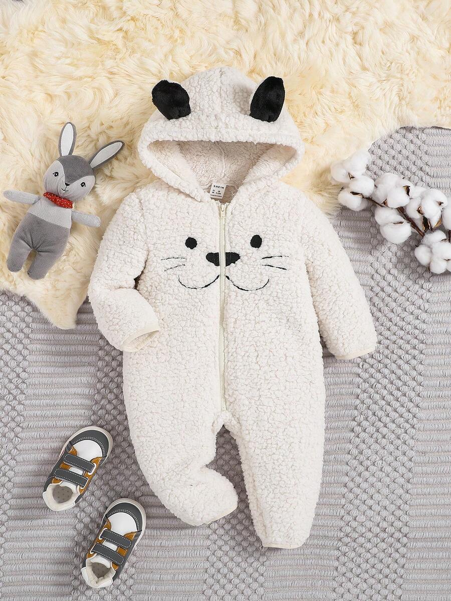 SHEIN Đứa bé trai Thêu Hoạt hình Thiết kế tai 3D áo có mũ Dây kéo mặt trước Teddy Áo liền quần - Màu be - Xem 1
