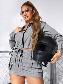 SHEIN SXY 拉鏈開襟抽繩短夾克&半身裙 - 灰色 - 查看 5