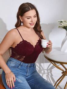 SHEIN Privé 大碼蕾絲拼接緊身吊帶連體衣 - 酒紅色 - 查看 5