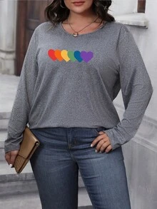 Flirla Hơn In Trái tim Áo thun - Xám - Xem 3